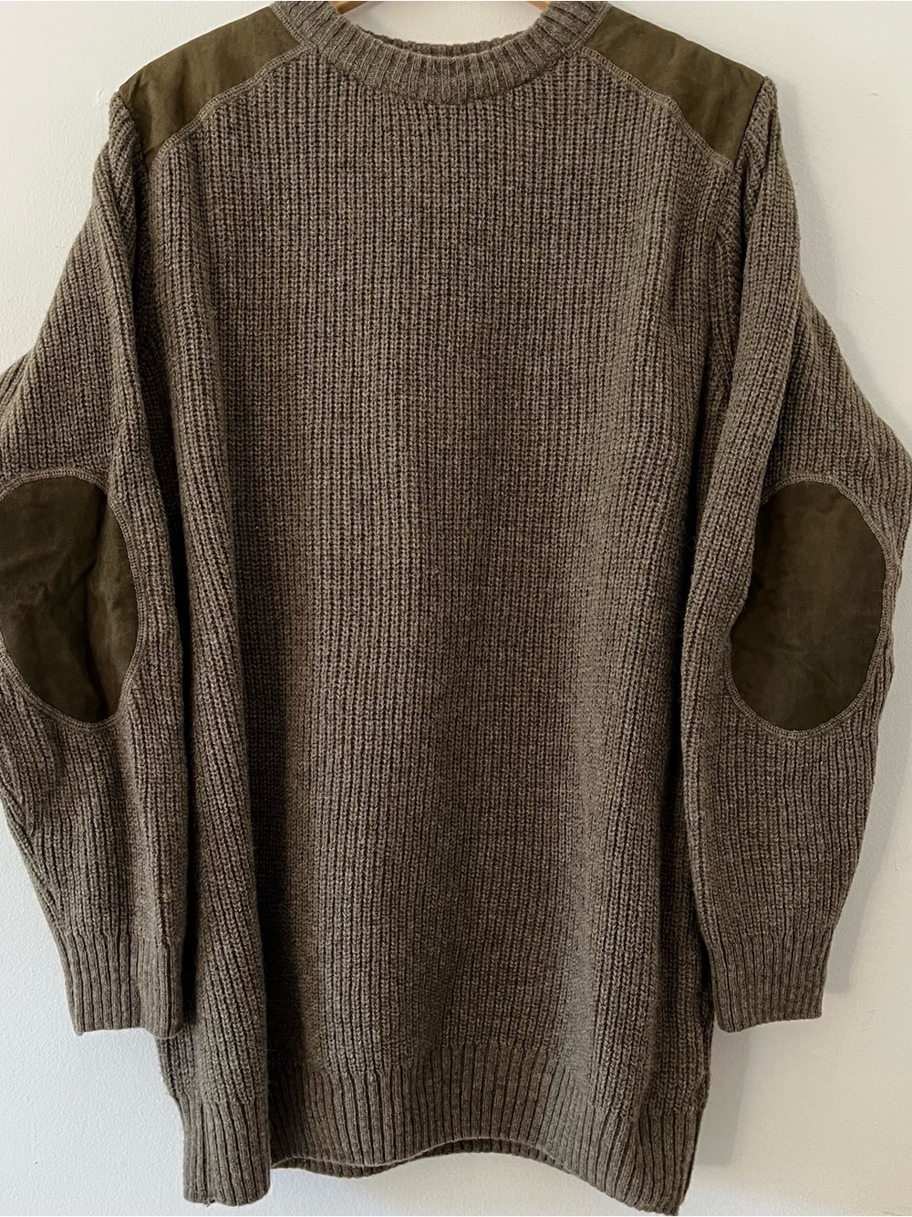 Harley of Scotland 100% Wool Ribbed Knit Patch Sweater Brown XL
